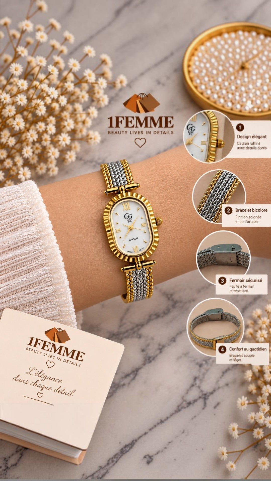 Montre Femme GG LUXE Bicolore Dorée & Argentée en Acier Inoxydable ✨