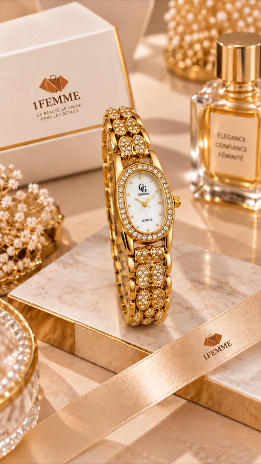 Montre Femme GG LUXE avec Strass en Acier Inoxydable – Dorée ou Argentée ✨
