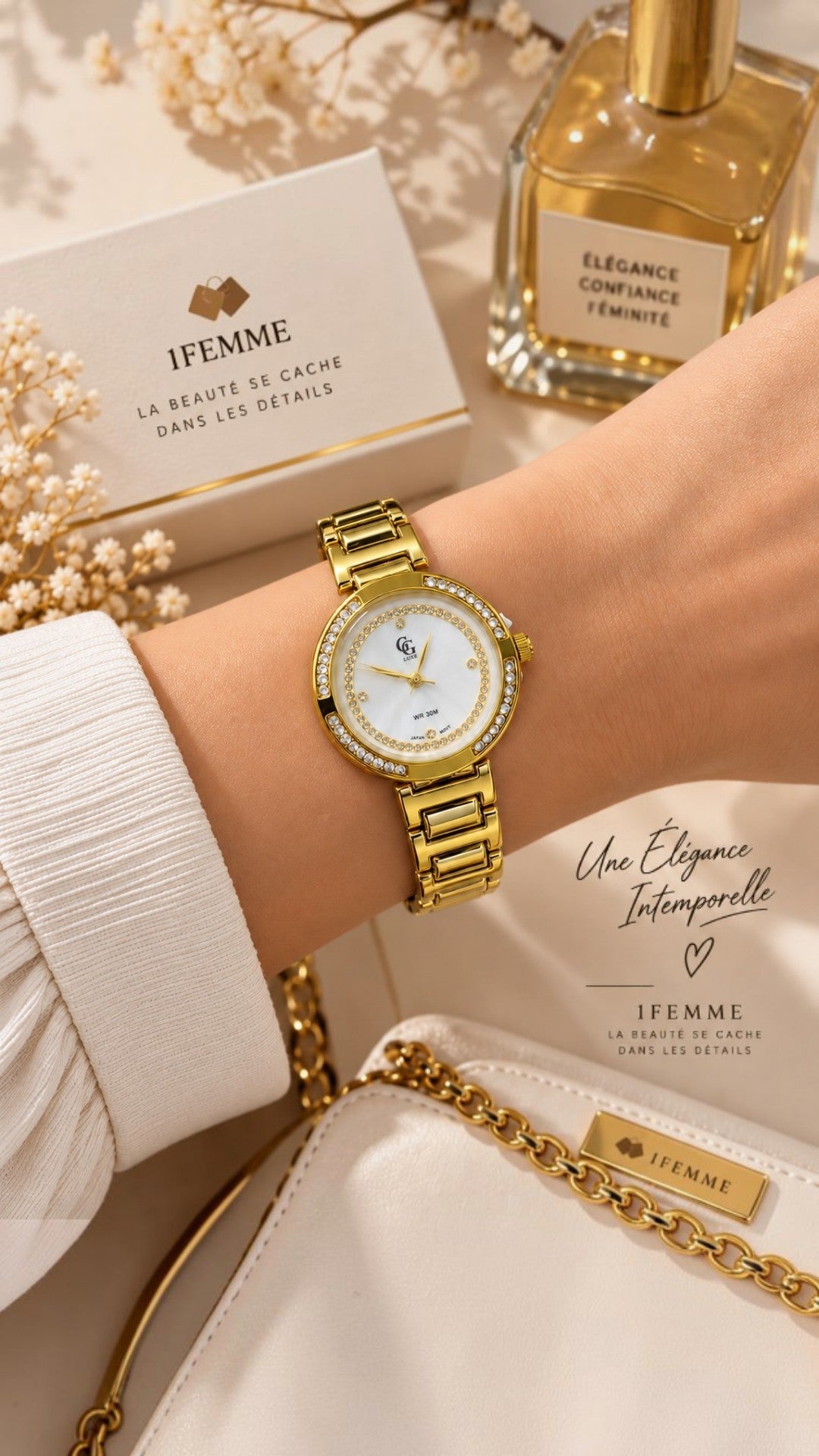 Montre Femme GG LUXE Dorée avec Strass en Acier Inoxydable
