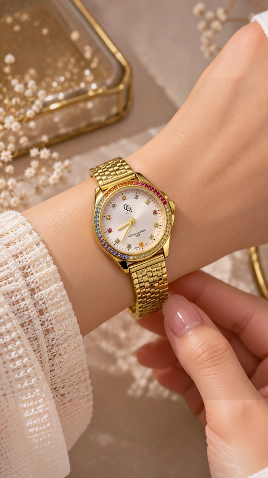 Montre Femme GG LUXE Dorée avec Pierres Multicolores en Acier Inoxydable