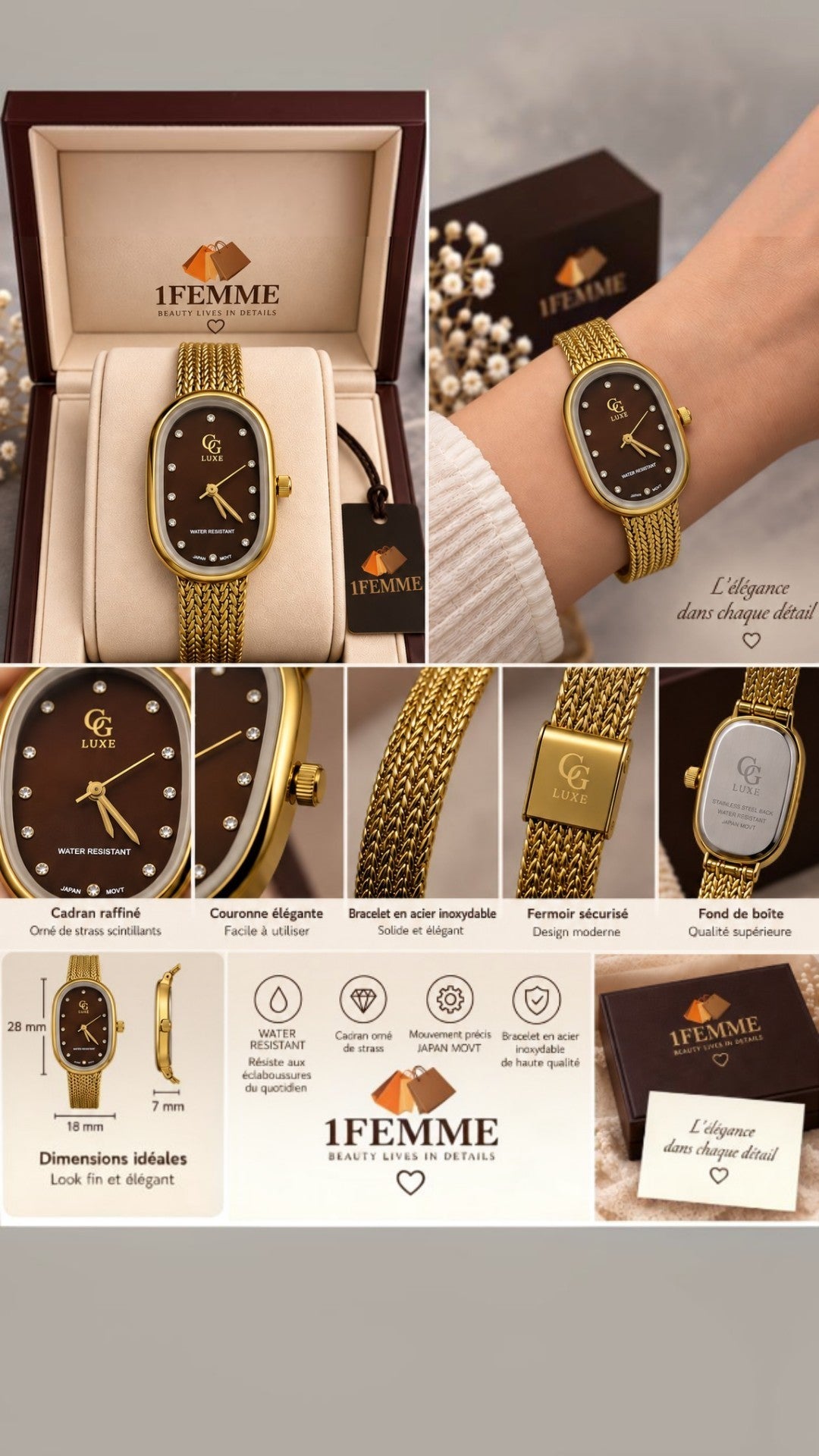Montre Femme GG LUXE Dorée à Cadran Marron avec Strass – Acier Inoxydable ✨