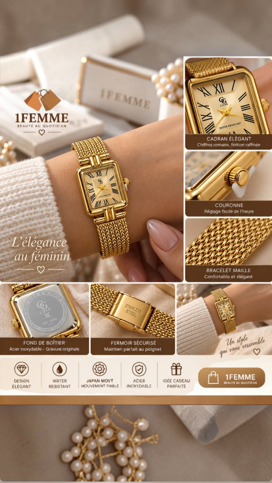 Sans titre 10sept._21:14:3Montre Femme GG LUXE Dorée à Cadran Rectangulaire – Bracelet Maille en Acier Inoxydable