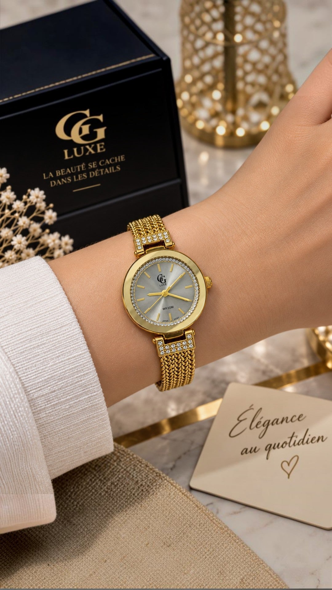 Montre Femme GG LUXE Dorée avec Strass – Élégance Raffinée ✨⌚