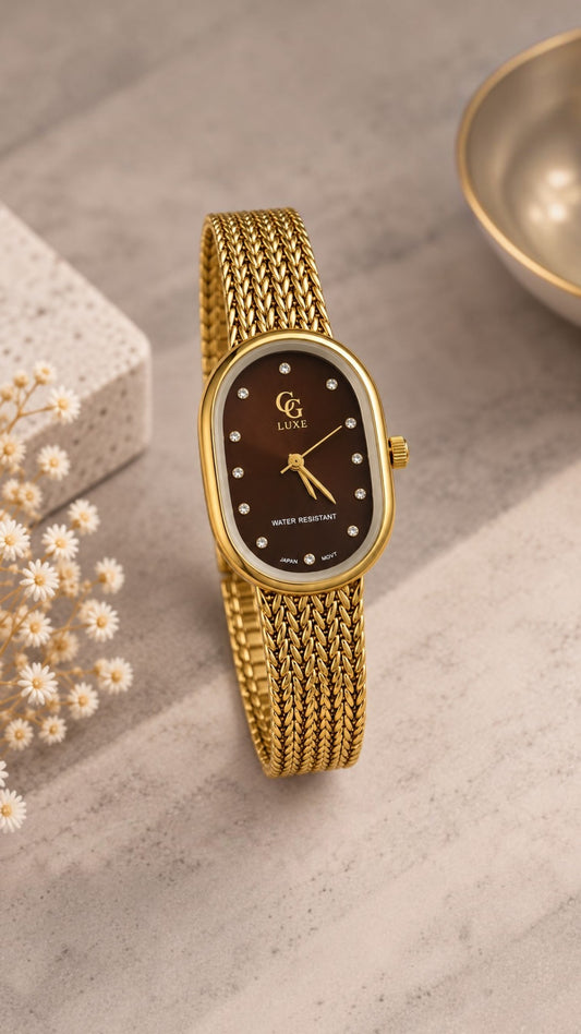 Montre Femme GG LUXE Dorée à Cadran Marron avec Strass – Acier Inoxydable ✨