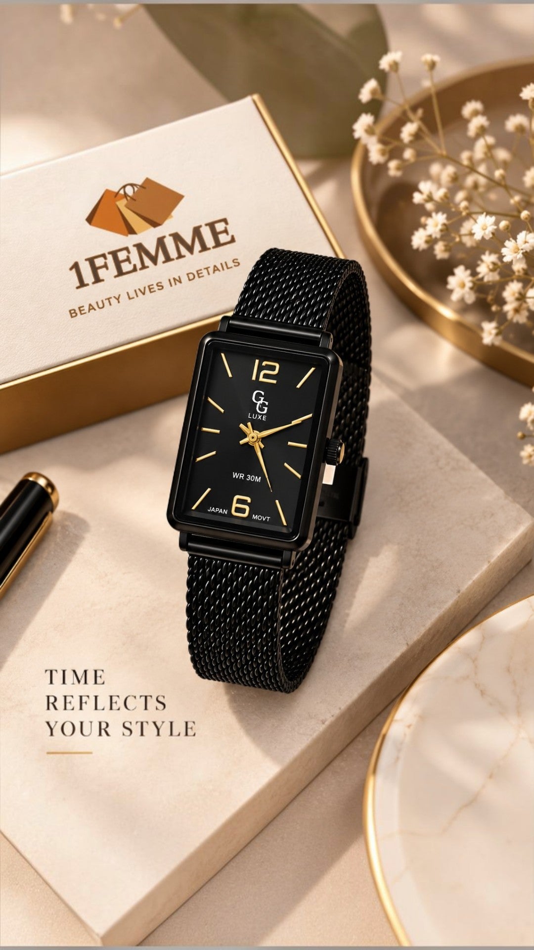 Montre Femme GG LUXE Noire Rectangulaire en Acier Inoxydable – Détails Dorés ✨