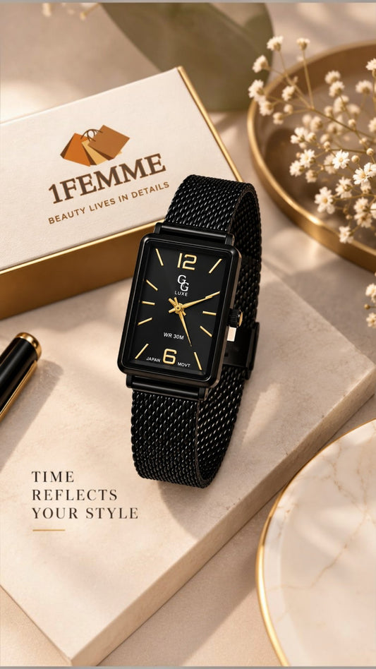 Montre Femme GG LUXE Noire Rectangulaire en Acier Inoxydable – Détails Dorés ✨