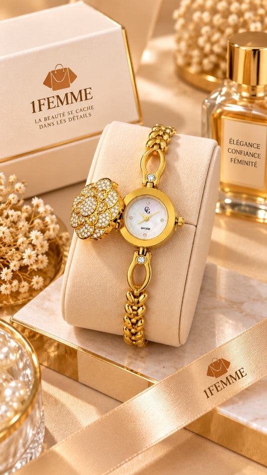 Montre Femme Bijou GG LUXE Dorée en Acier Inoxydable avec Strass