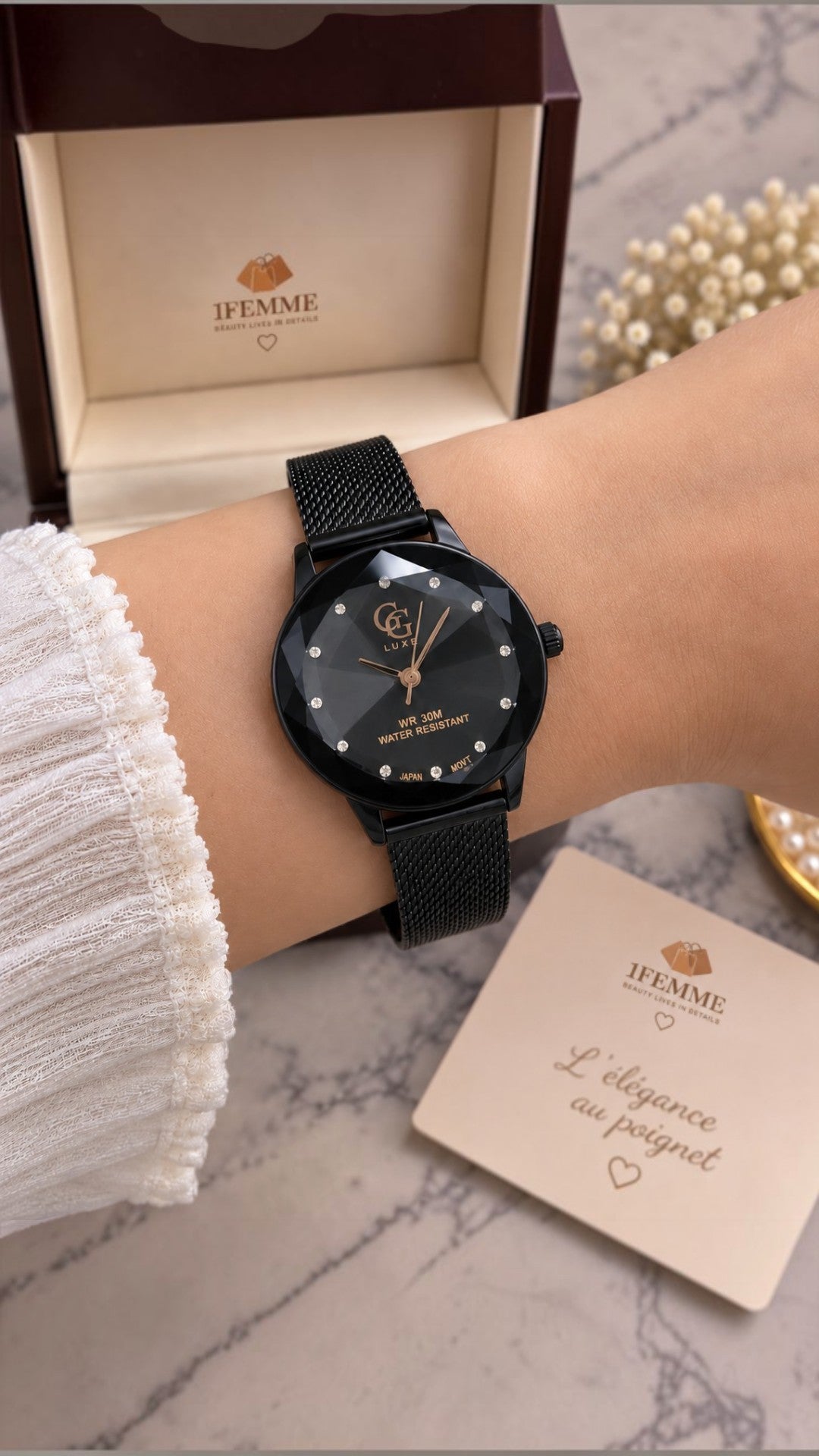 Montre Femme GG LUXE Noire & Rose Gold en Acier Inoxydable – WR30M