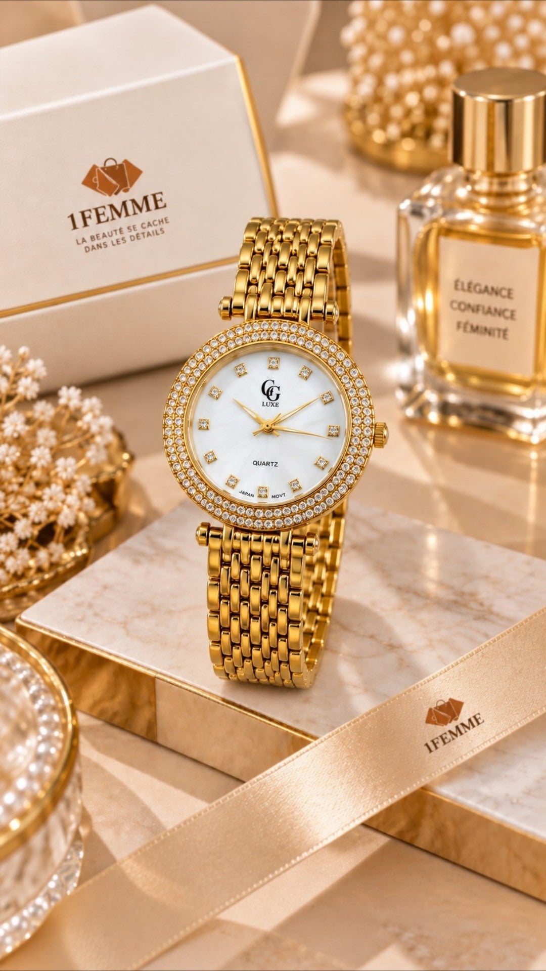 Montre Femme GG LUXE Dorée avec Strass en Acier Inoxydable