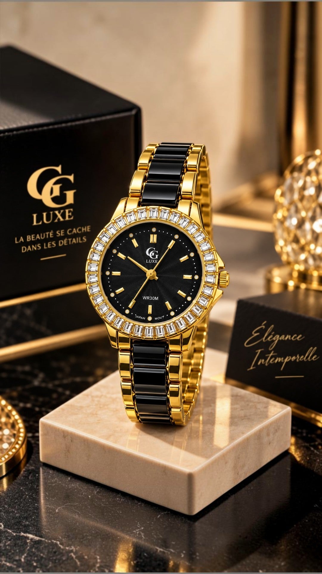 Montre Femme GG LUXE Dorée & Noire avec Strass – Élégance Intemporelle ✨