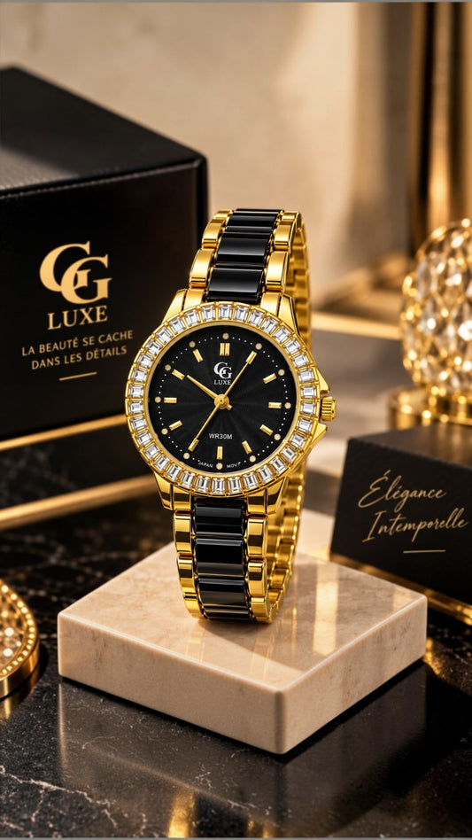 Montre Femme GG LUXE Dorée & Noire avec Strass – Élégance Intemporelle ✨