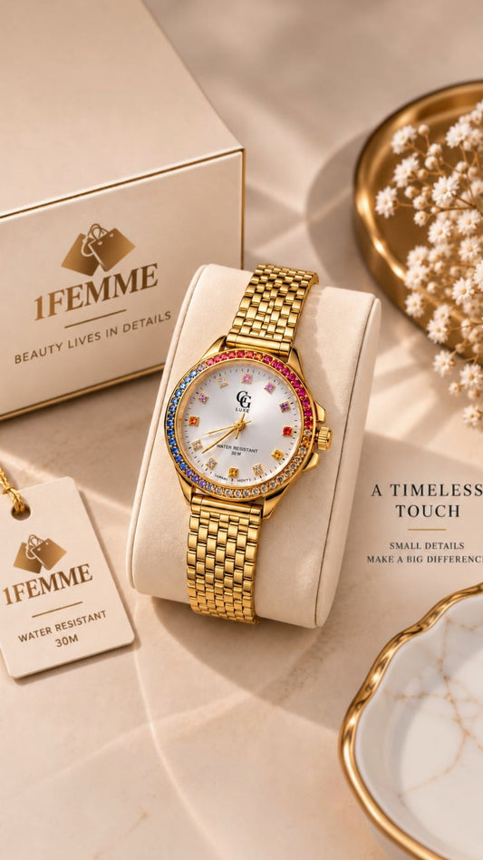 Montre Femme GG LUXE Dorée avec Pierres Multicolores en Acier Inoxydable