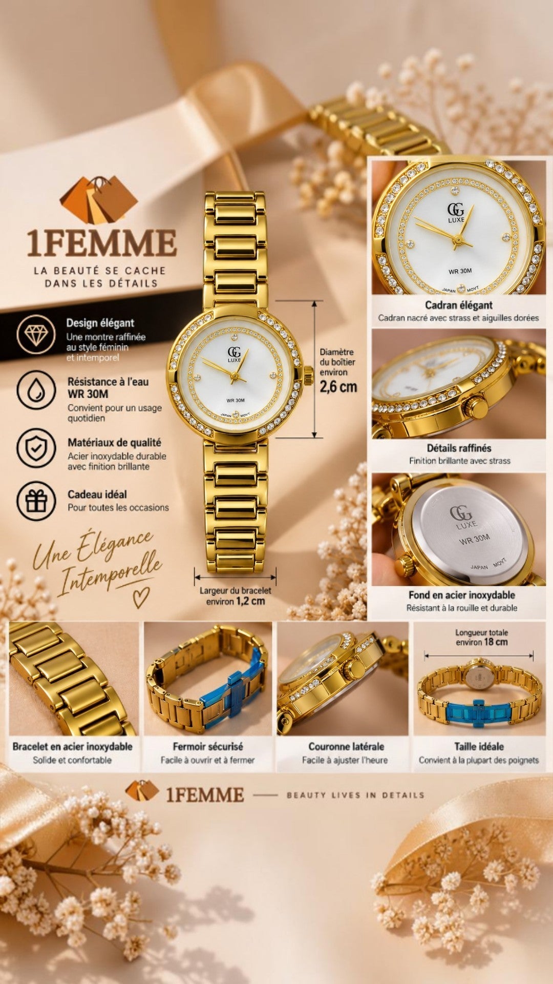Montre Femme GG LUXE Dorée avec Strass en Acier Inoxydable