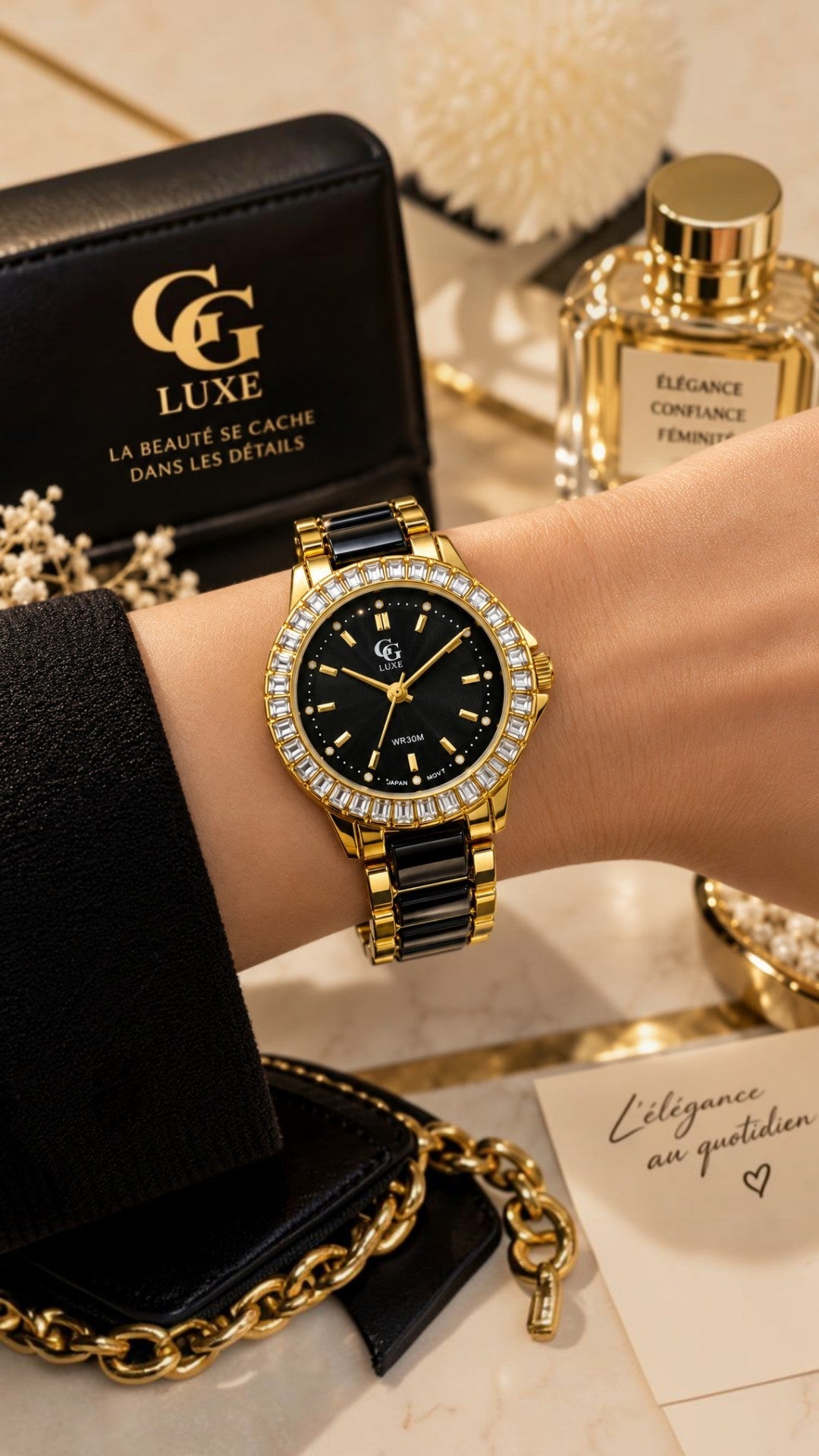 Montre Femme GG LUXE Dorée & Noire avec Strass – Élégance Intemporelle ✨