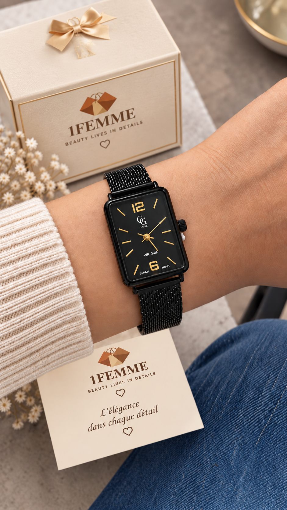 Montre Femme GG LUXE Noire Rectangulaire en Acier Inoxydable – Détails Dorés ✨
