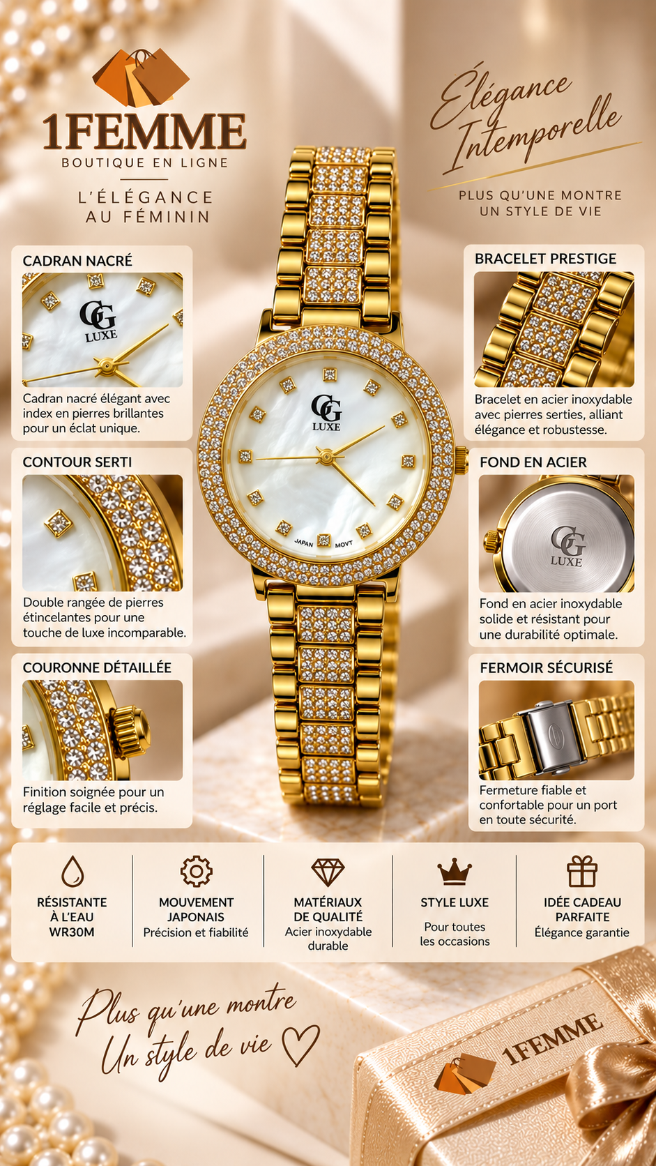 Montre Femme GG LUXE Dorée avec Strass – Luxe & Élégance au Quotidien ✨