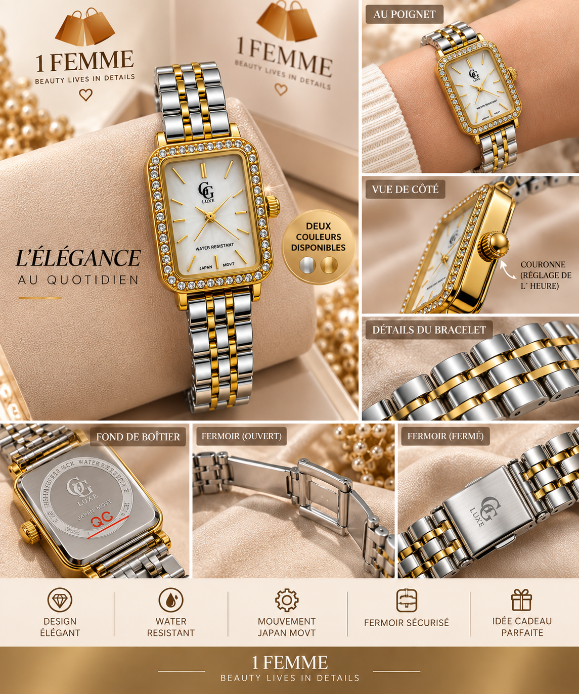 Montre Femme GG LUXE Bicolore Dorée & Argentée avec Strass en Acier Inoxydable ✨