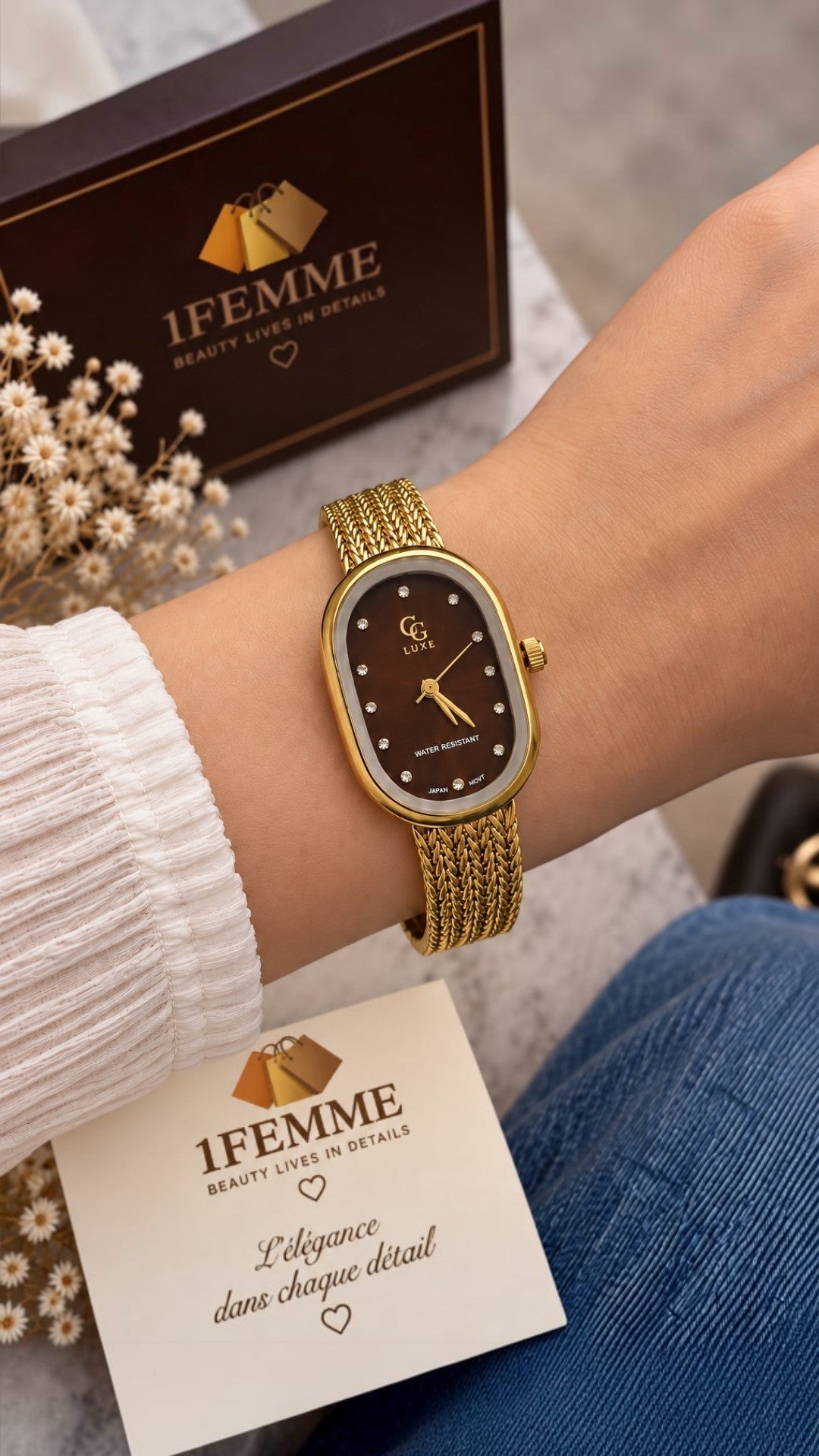 Montre Femme GG LUXE Dorée à Cadran Marron avec Strass – Acier Inoxydable ✨