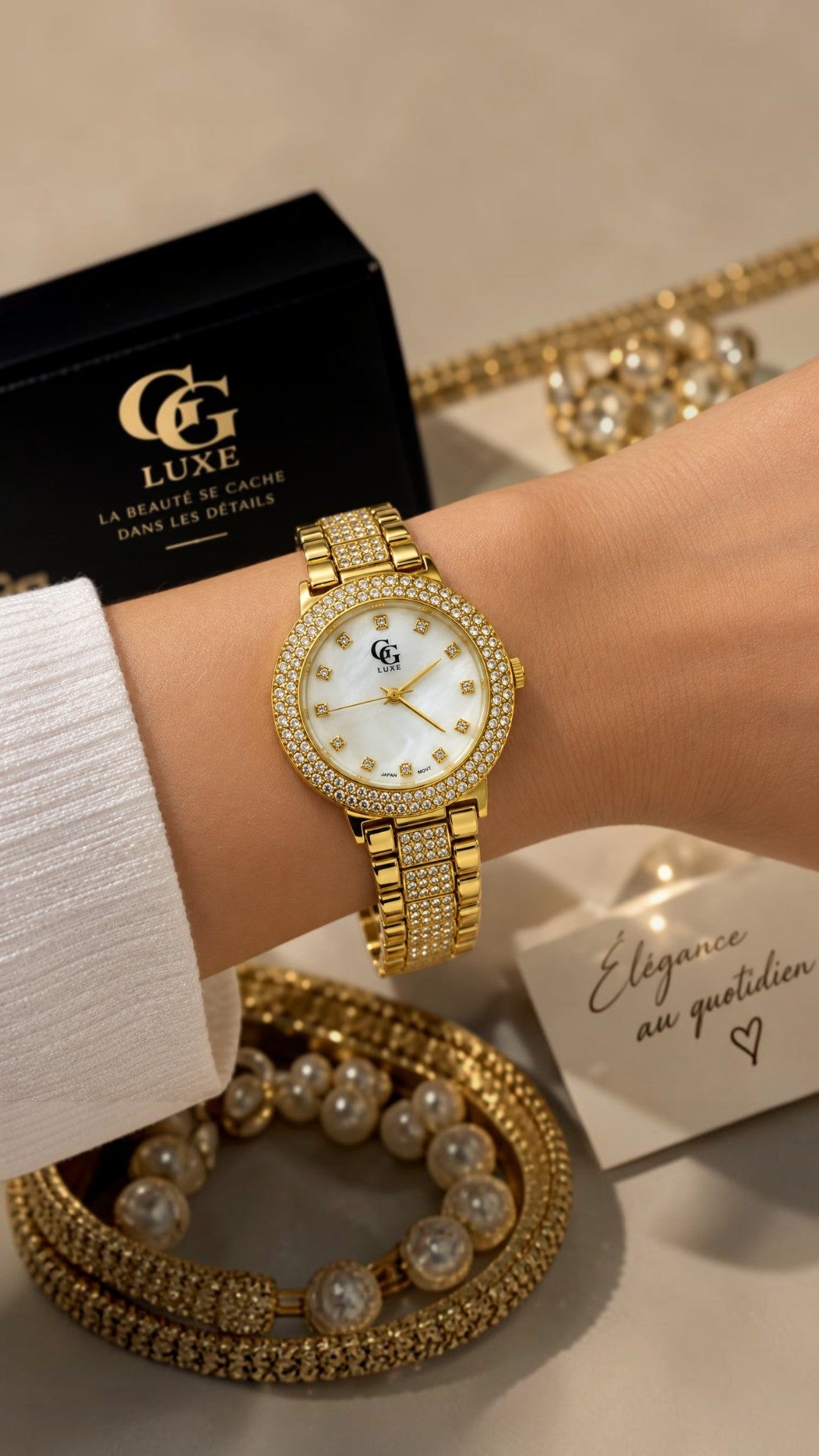 Montre Femme GG LUXE Dorée avec Strass – Luxe & Élégance au Quotidien ✨
