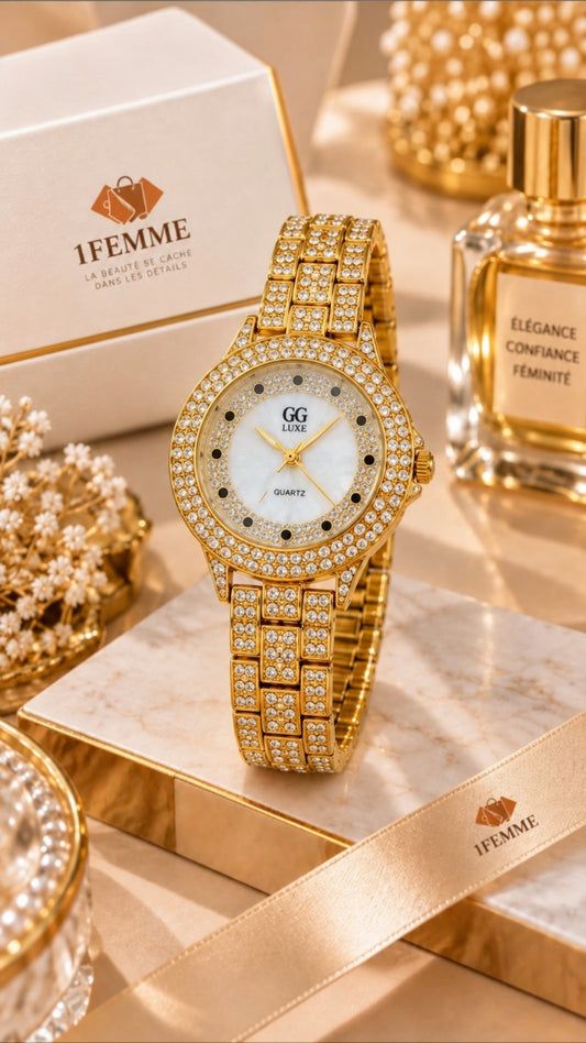 Montre Femme GG LUXE Dorée avec Strass en Acier Inoxydable ✨