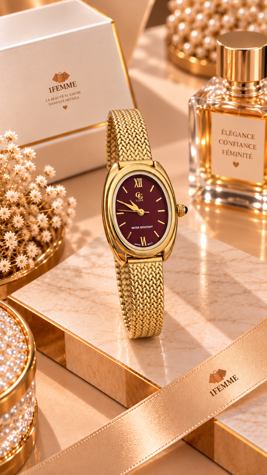 Montre Femme GG LUXE Dorée – Cadran Bordeaux ou Doré en Acier Inoxydable ✨