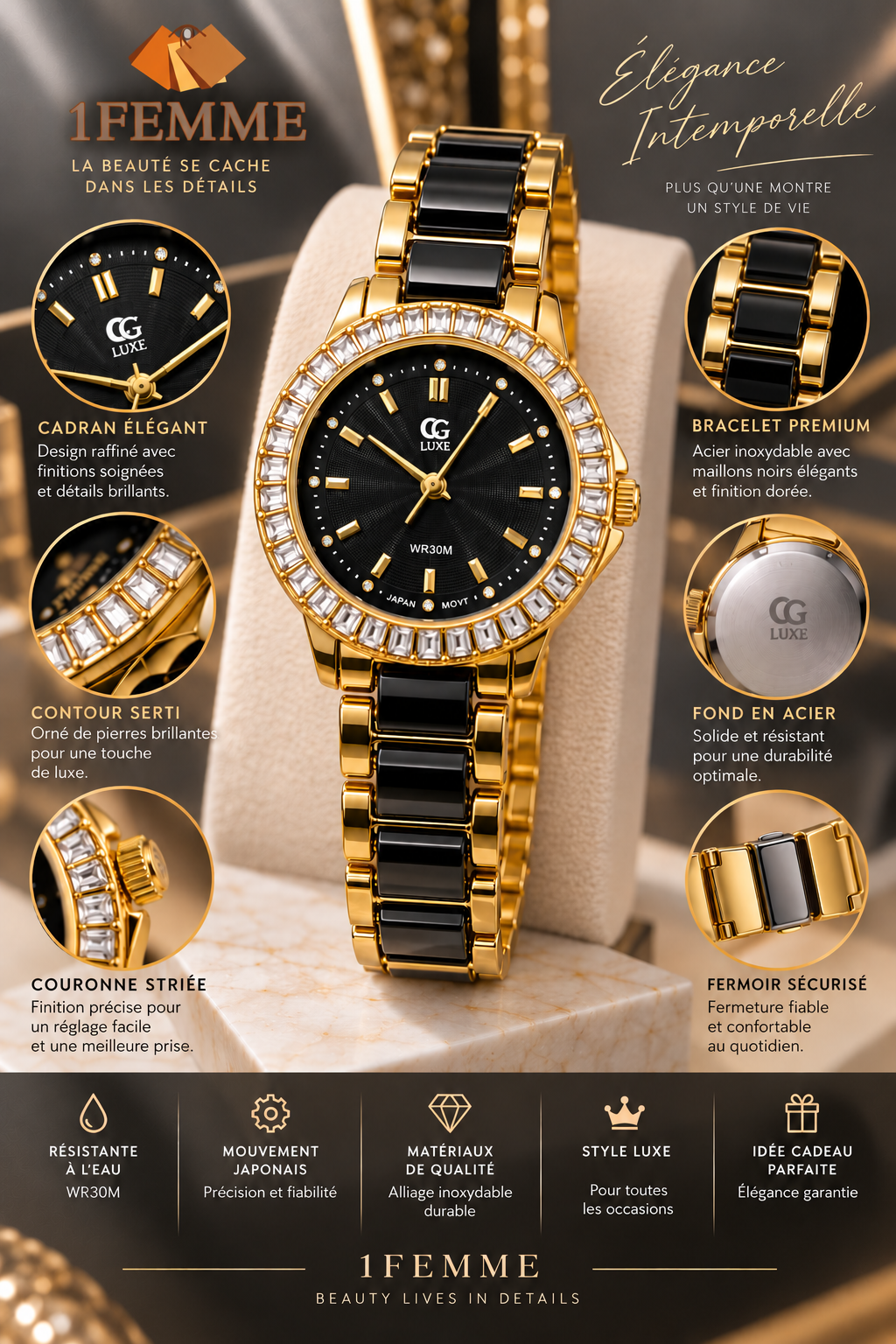 Montre Femme GG LUXE Dorée & Noire avec Strass – Élégance Intemporelle ✨