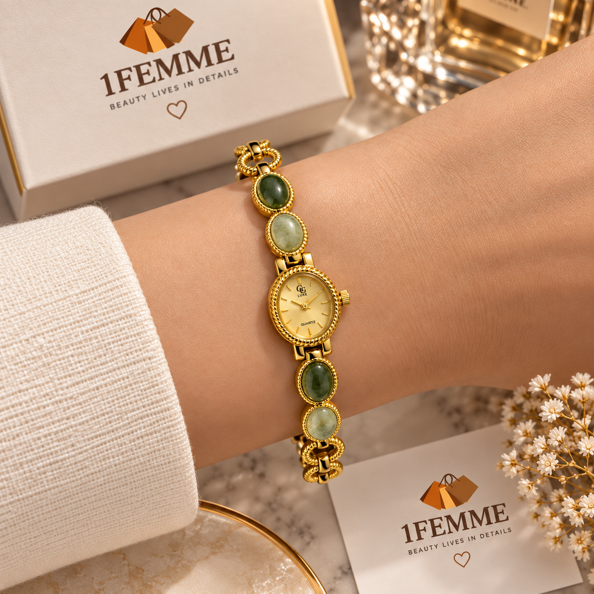 Montre Femme GG LUXE Dorée avec Pierres Vertes et Brunes – Acier Inoxydable