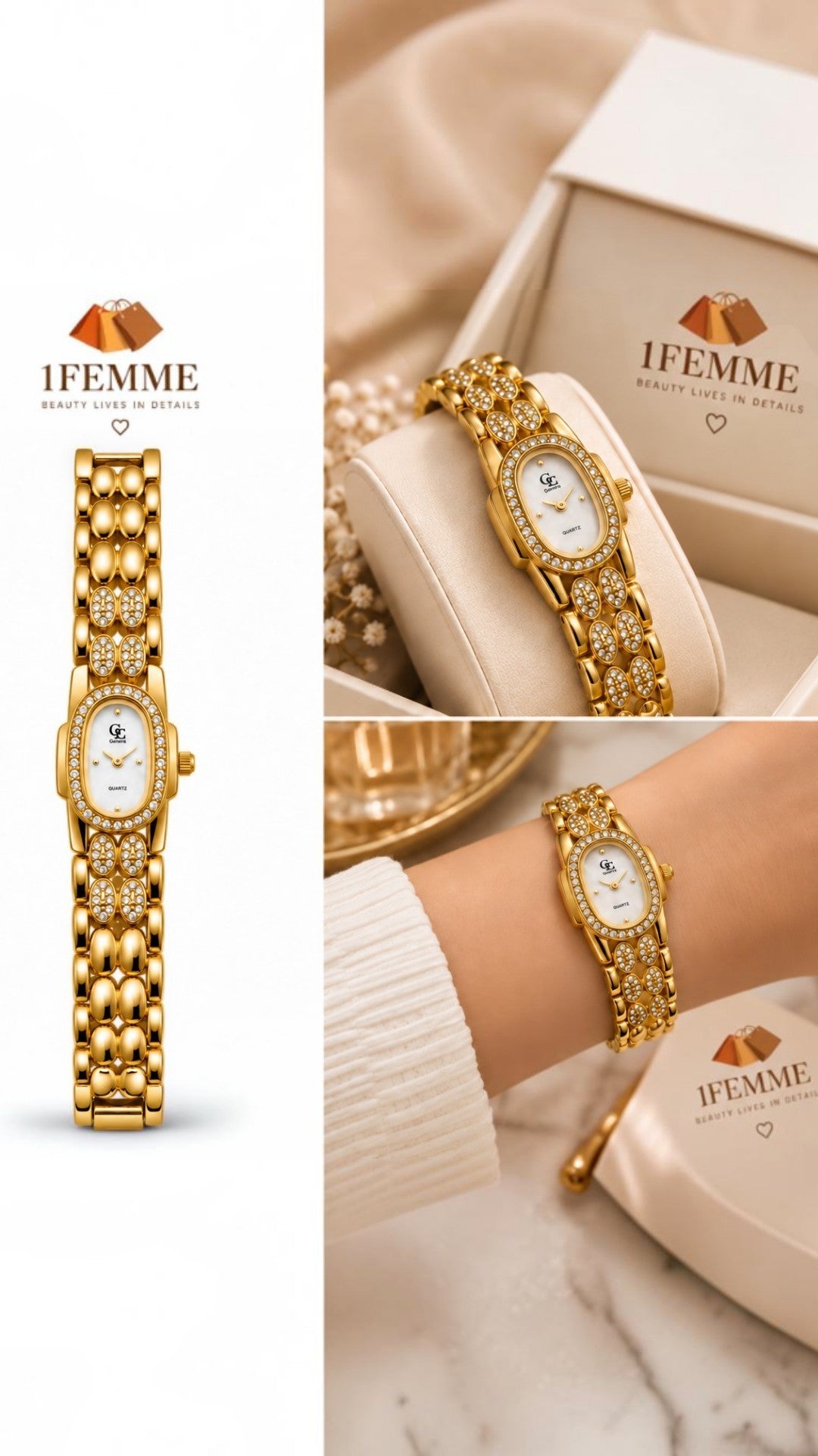Montre Femme GG LUXE avec Strass en Acier Inoxydable – Dorée ou Argentée ✨