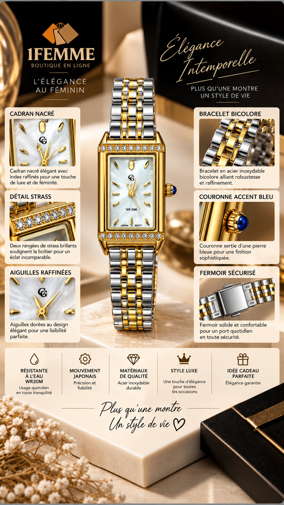 Montre Femme GG Luxe en Acier Inoxydable Bicolore – Doré & Argenté