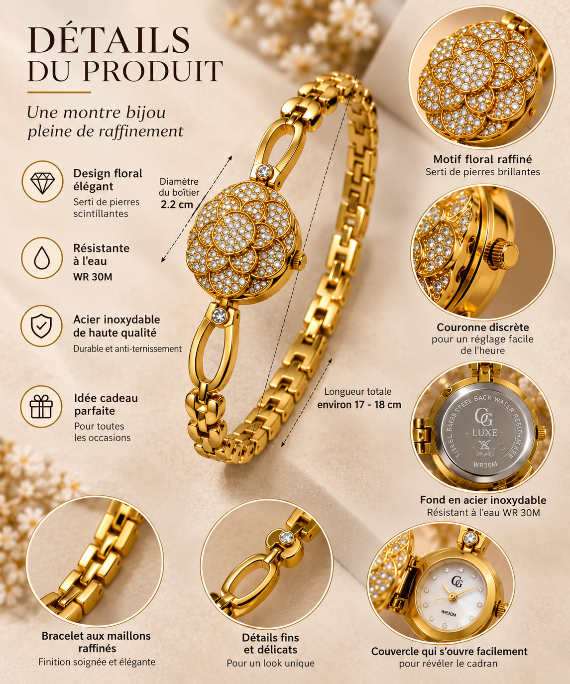 Montre Femme Bijou GG LUXE Dorée en Acier Inoxydable avec Strass