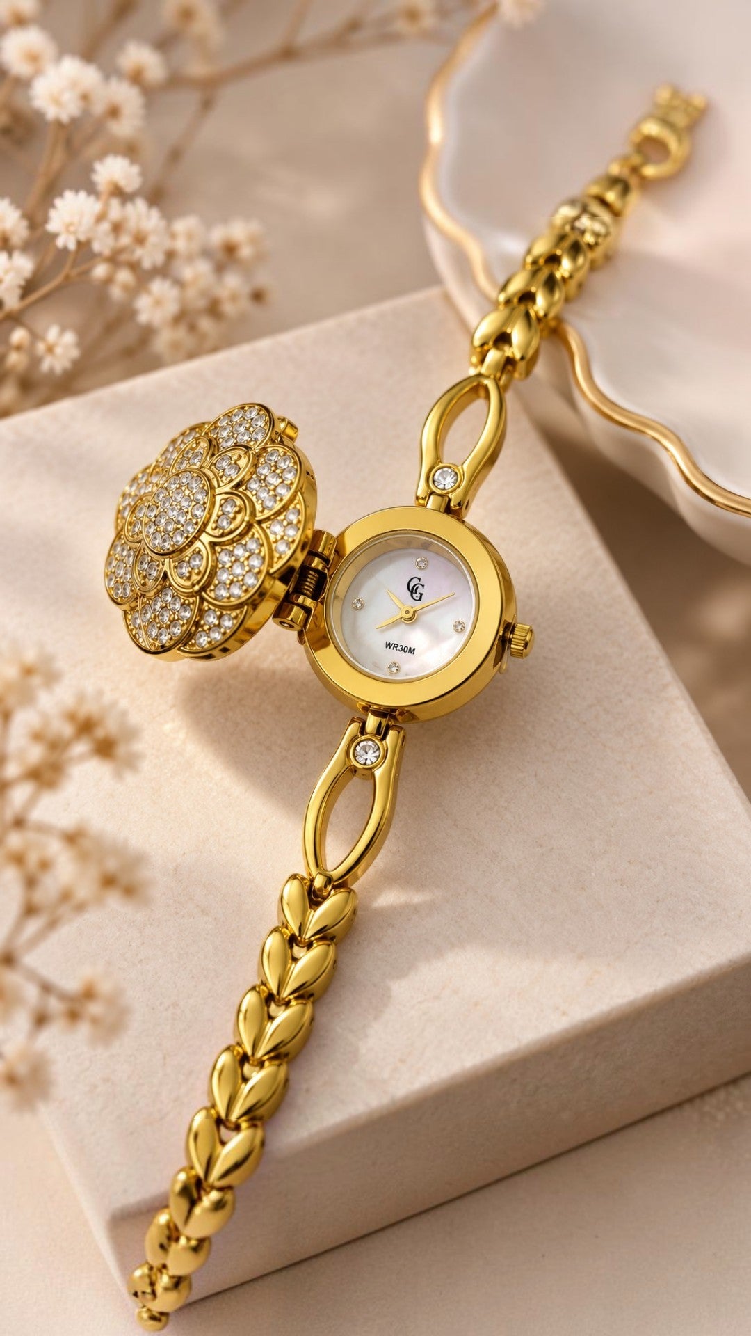 Montre Femme Bijou GG LUXE Dorée en Acier Inoxydable avec Strass