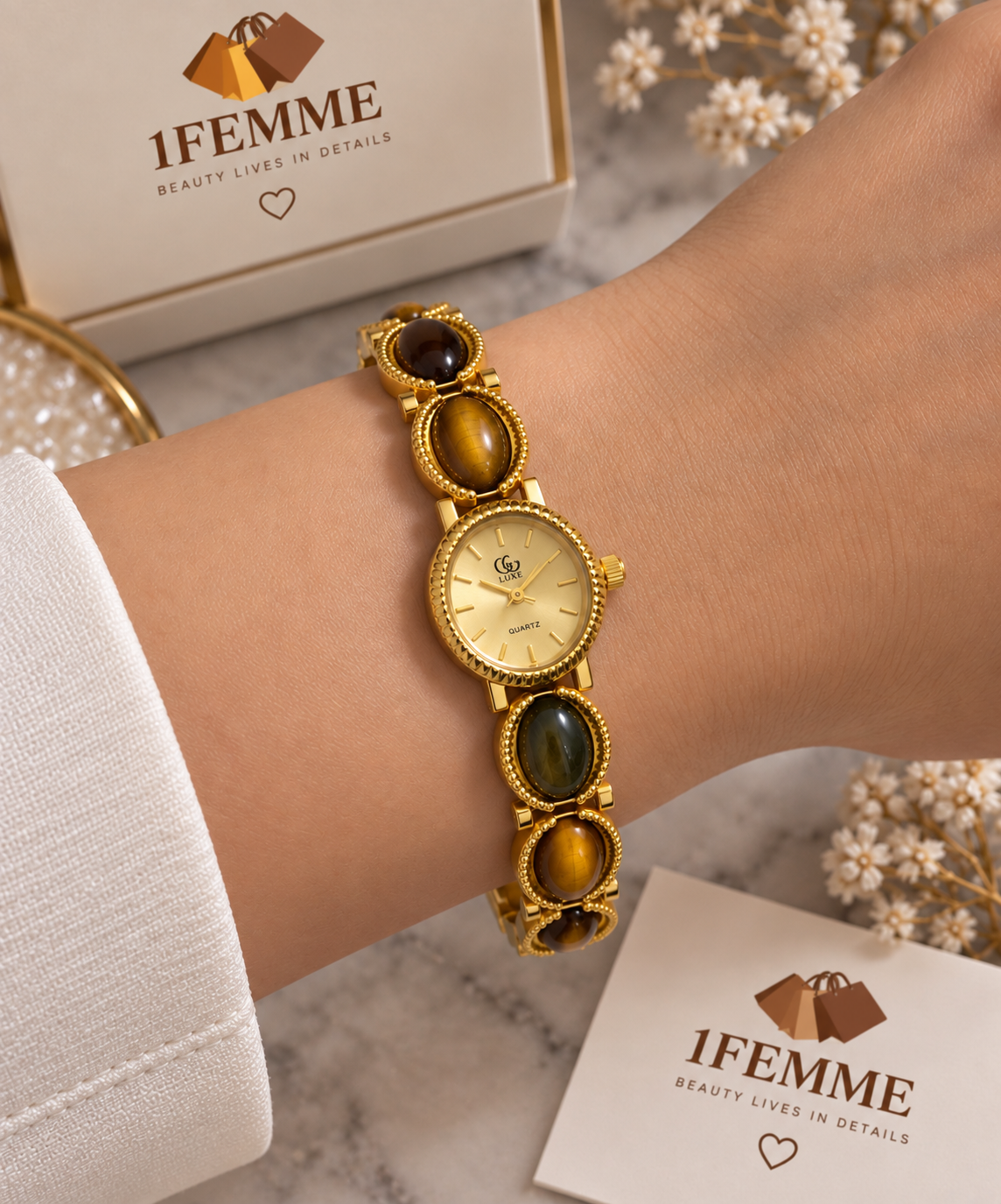 Montre Femme GG LUXE Dorée avec Pierres Vertes et Brunes – Acier Inoxydable