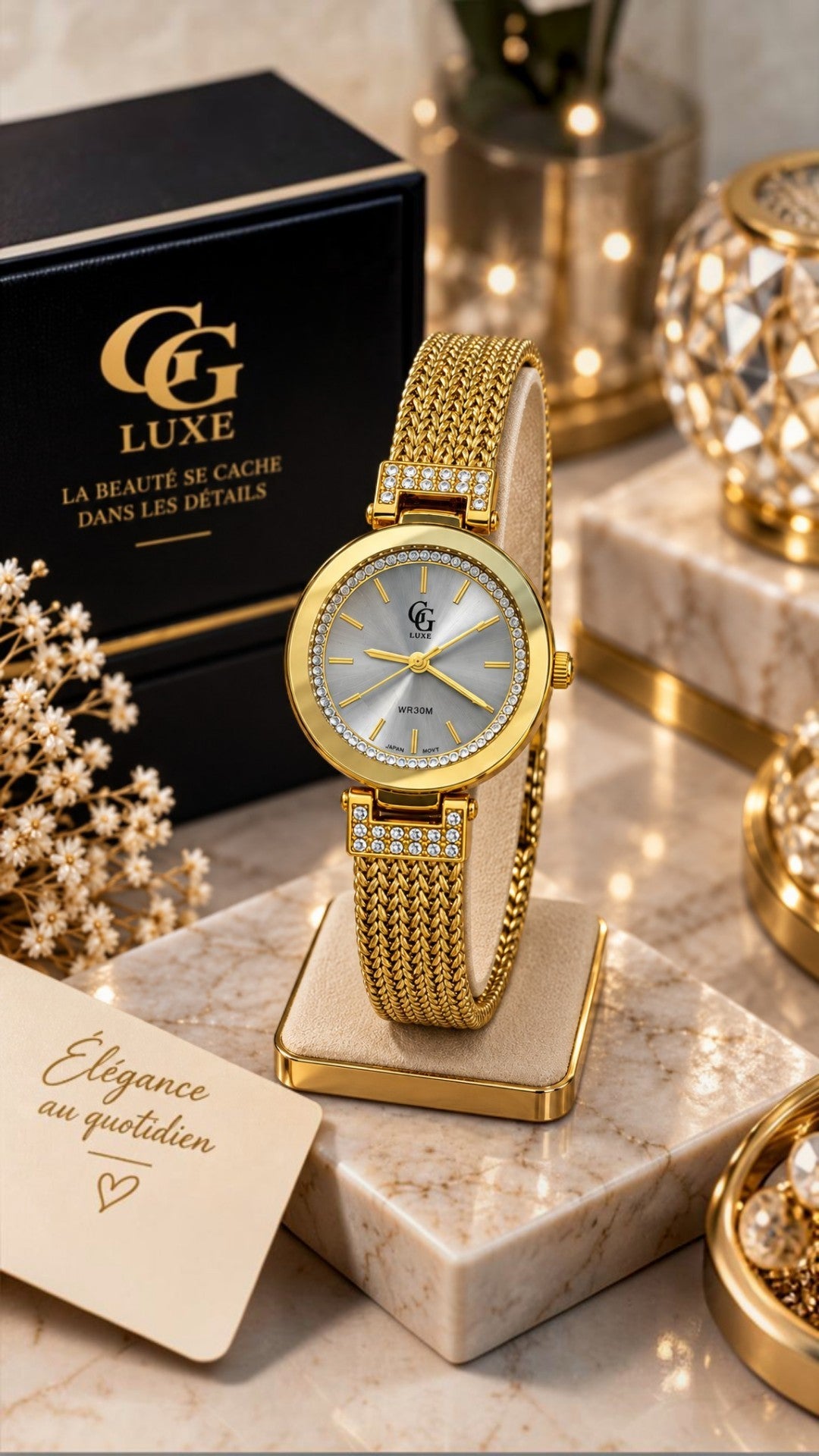 Montre Femme GG LUXE Dorée avec Strass – Élégance Raffinée ✨⌚