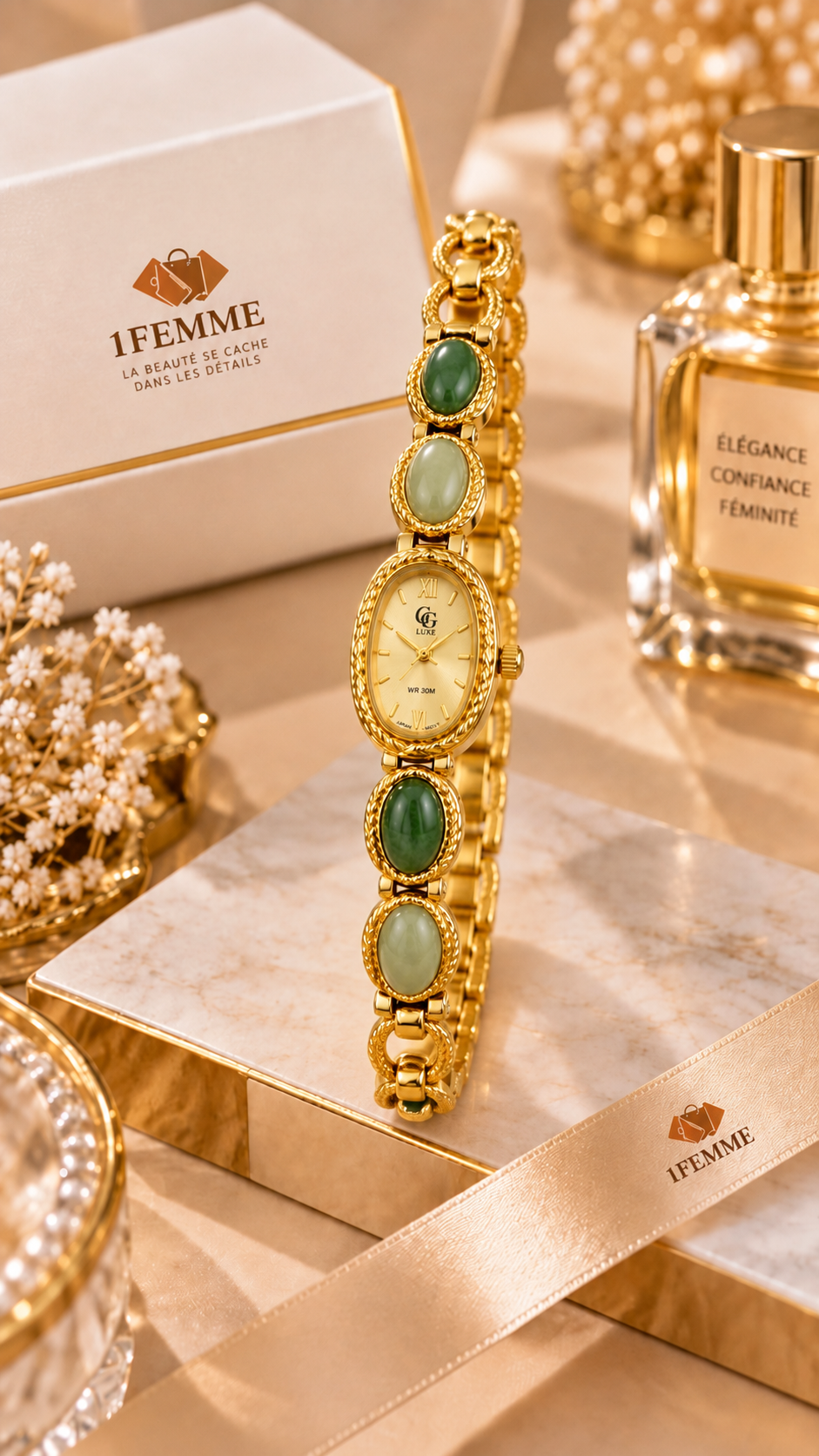 Montre Femme GG LUXE Dorée avec Pierres Vertes et Brunes – Acier Inoxydable