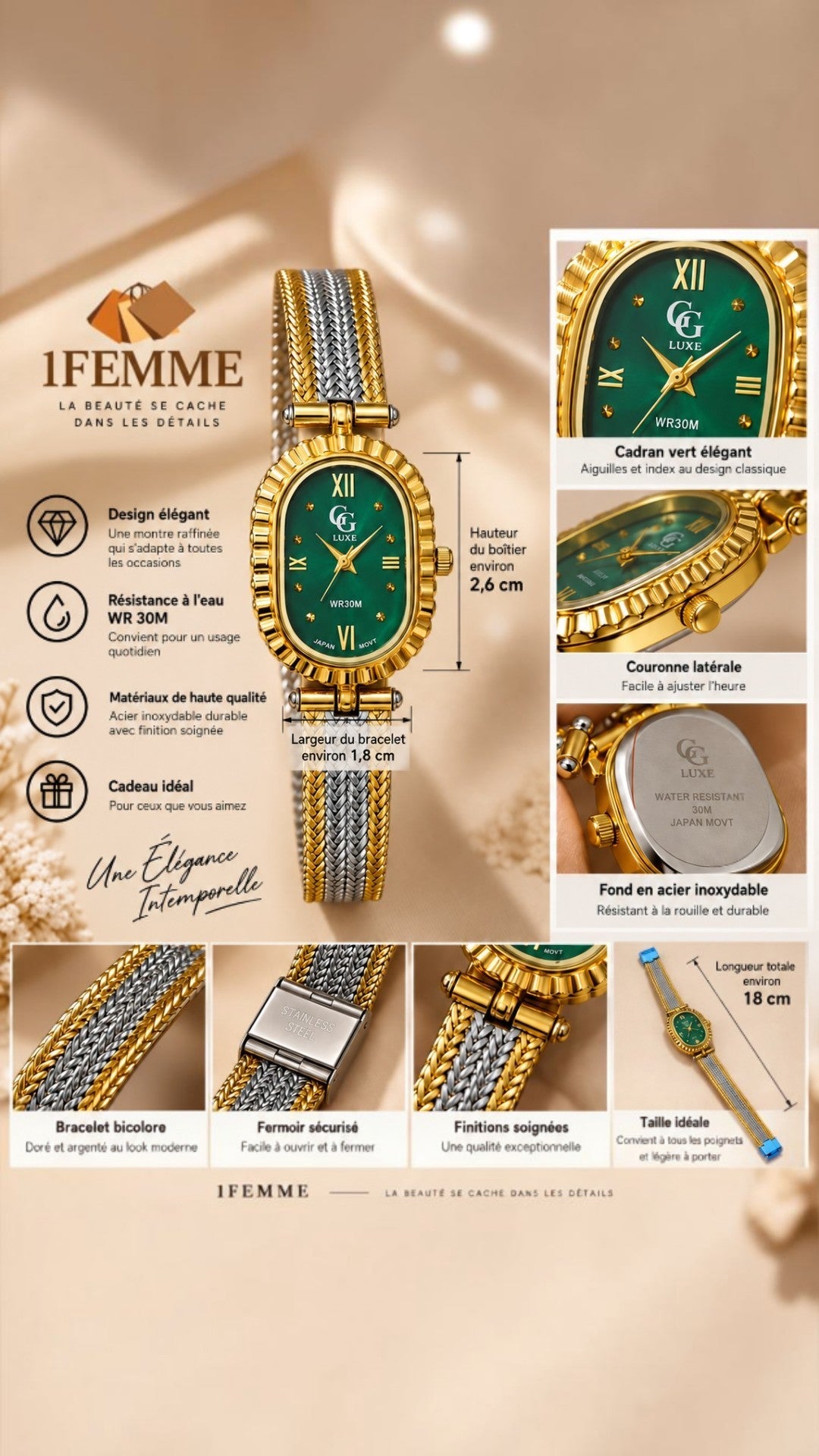 Montre Femme GG LUXE Bicolore Doré & Argenté – Cadran Vert