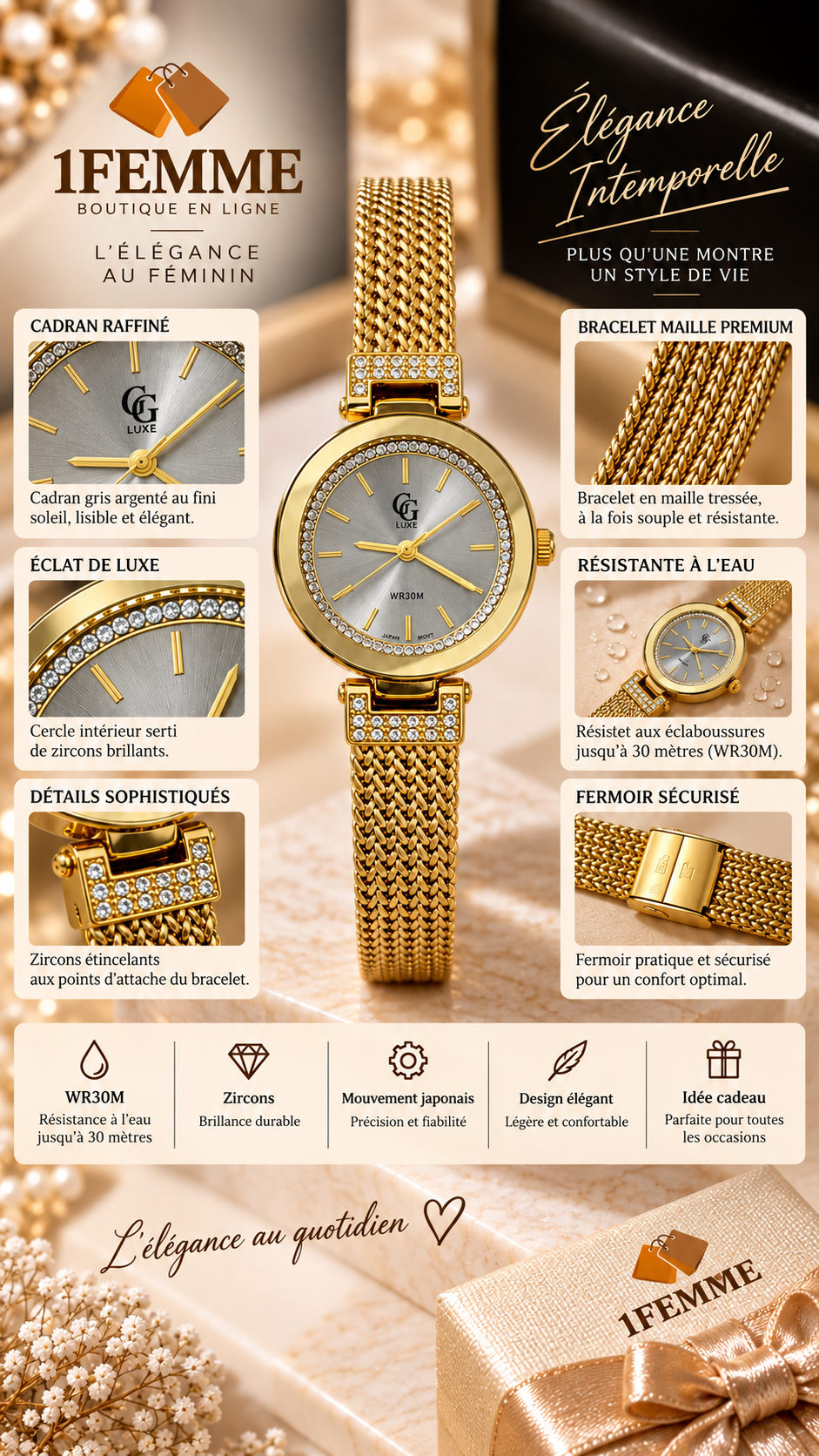 Montre Femme GG LUXE Dorée avec Strass – Élégance Raffinée ✨⌚