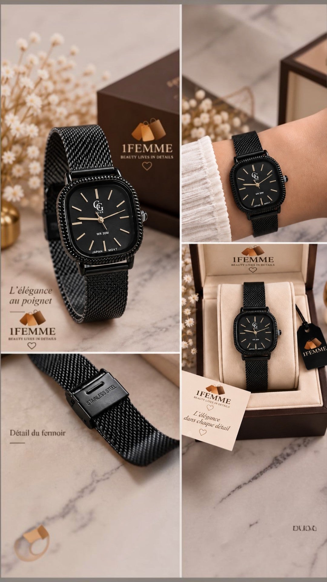 Montre Femme GG LUXE Noire Carrée en Acier Inoxydable – Détails Dorés ✨