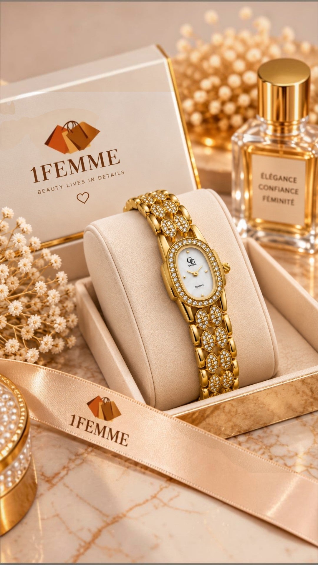 Montre Femme GG LUXE avec Strass en Acier Inoxydable – Dorée ou Argentée ✨