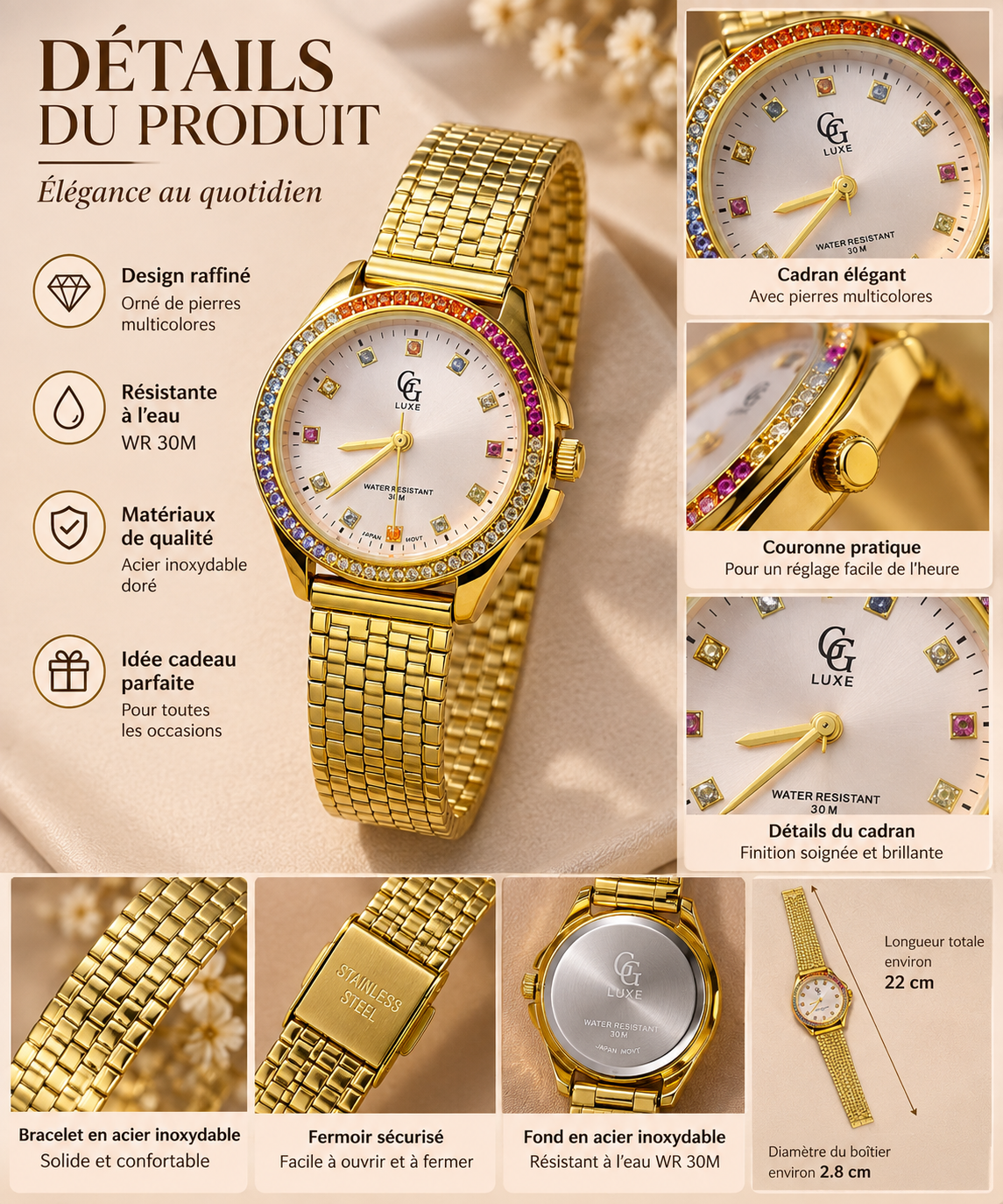 Montre Femme GG LUXE Dorée avec Pierres Multicolores en Acier Inoxydable