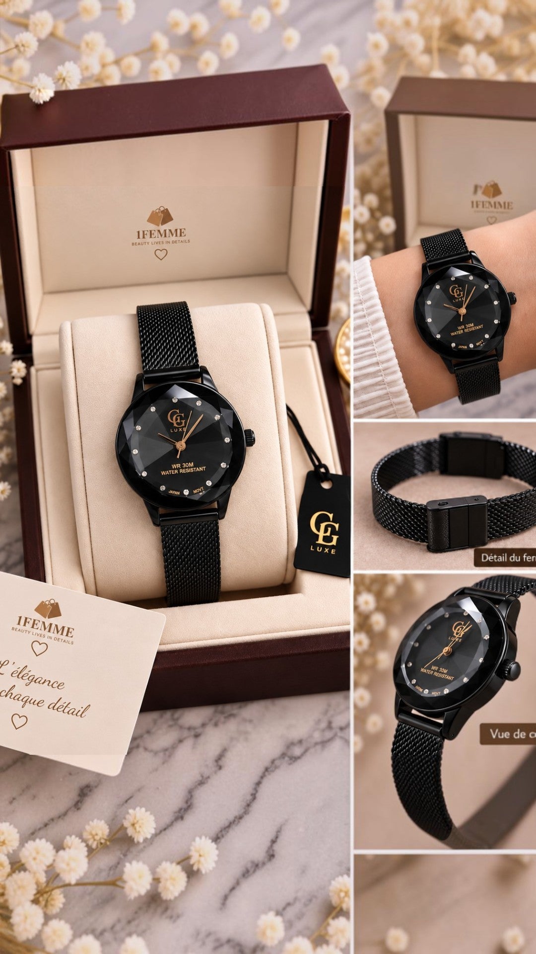 Montre Femme GG LUXE Noire & Rose Gold en Acier Inoxydable – WR30M