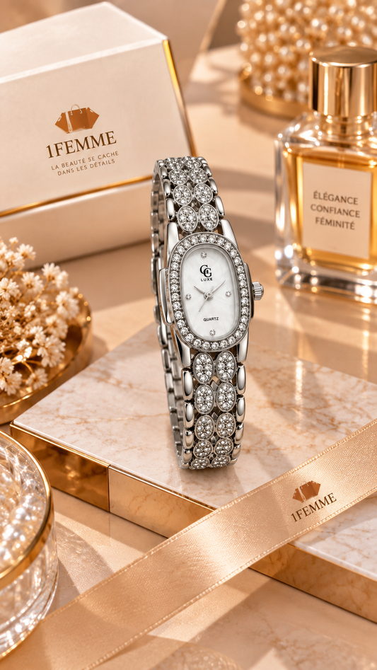 Montre Femme GG LUXE avec Strass en Acier Inoxydable – Dorée ou Argentée ✨