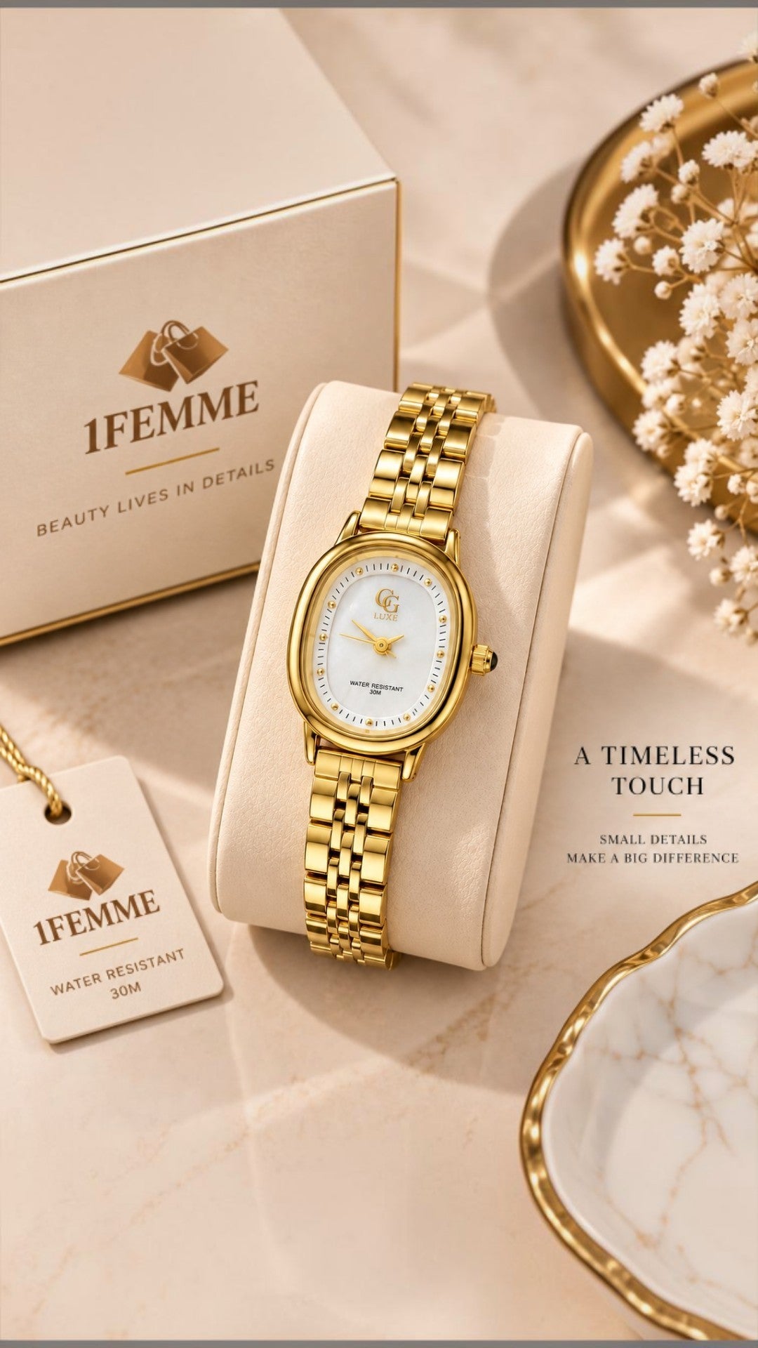 Montre Femme GG LUXE en Acier Inoxydable – Dorée ou Argentée