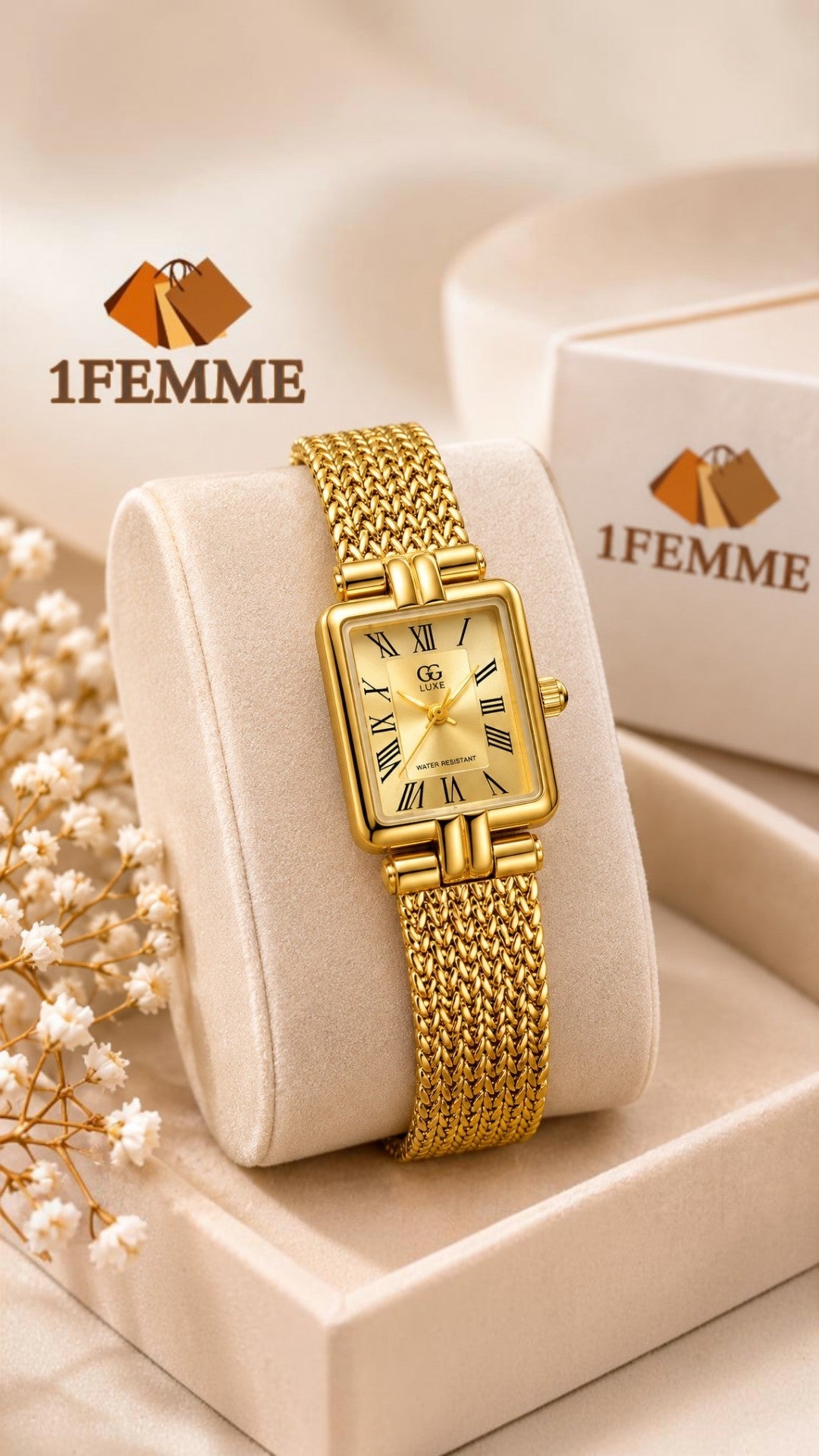 Sans titre 10sept._21:14:3Montre Femme GG LUXE Dorée à Cadran Rectangulaire – Bracelet Maille en Acier Inoxydable