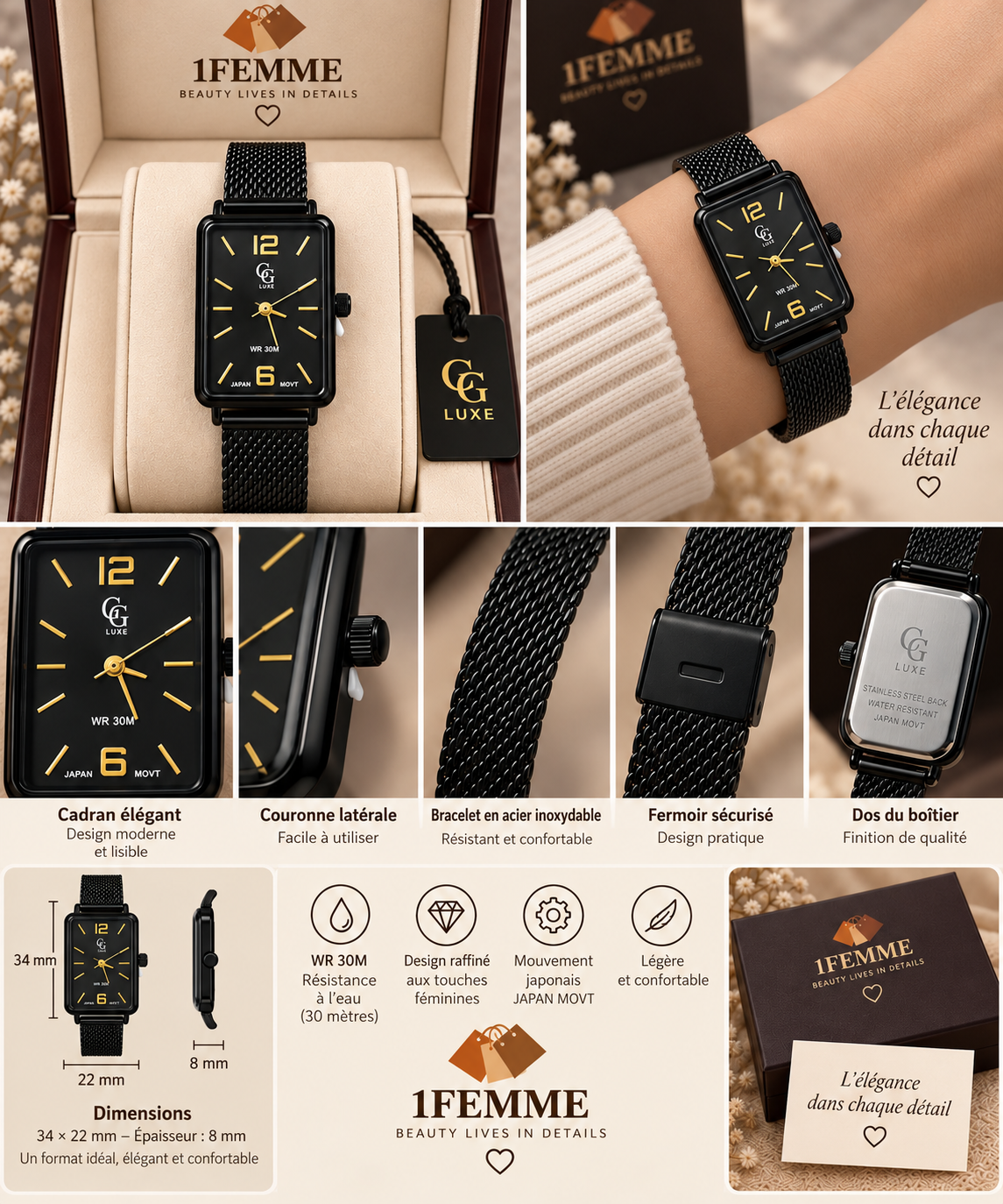 Montre Femme GG LUXE Noire Rectangulaire en Acier Inoxydable – Détails Dorés ✨
