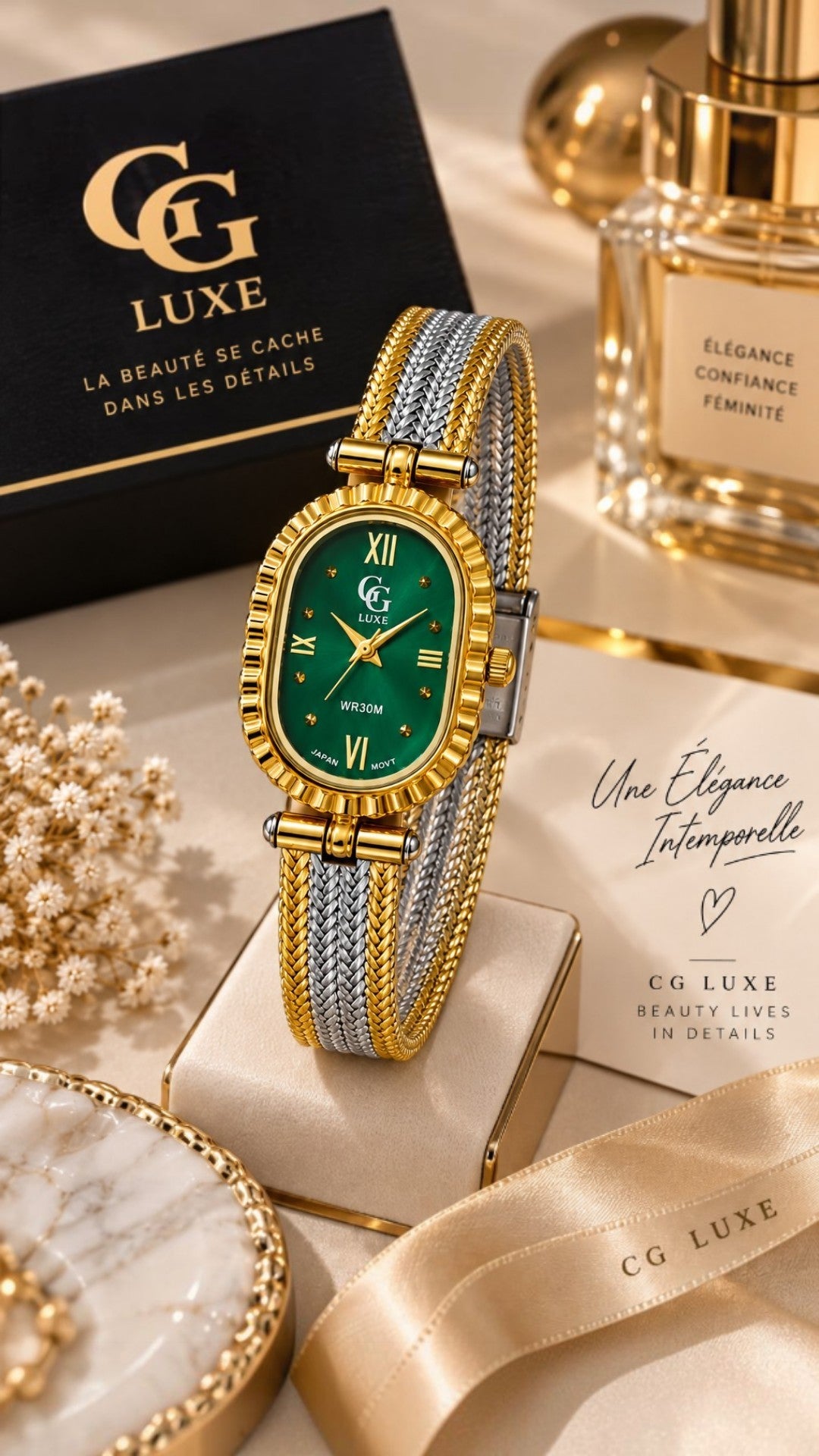 Montre Femme GG LUXE Bicolore Doré & Argenté – Cadran Vert