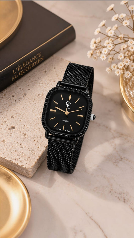 Montre Femme GG LUXE Noire Carrée en Acier Inoxydable – Détails Dorés ✨