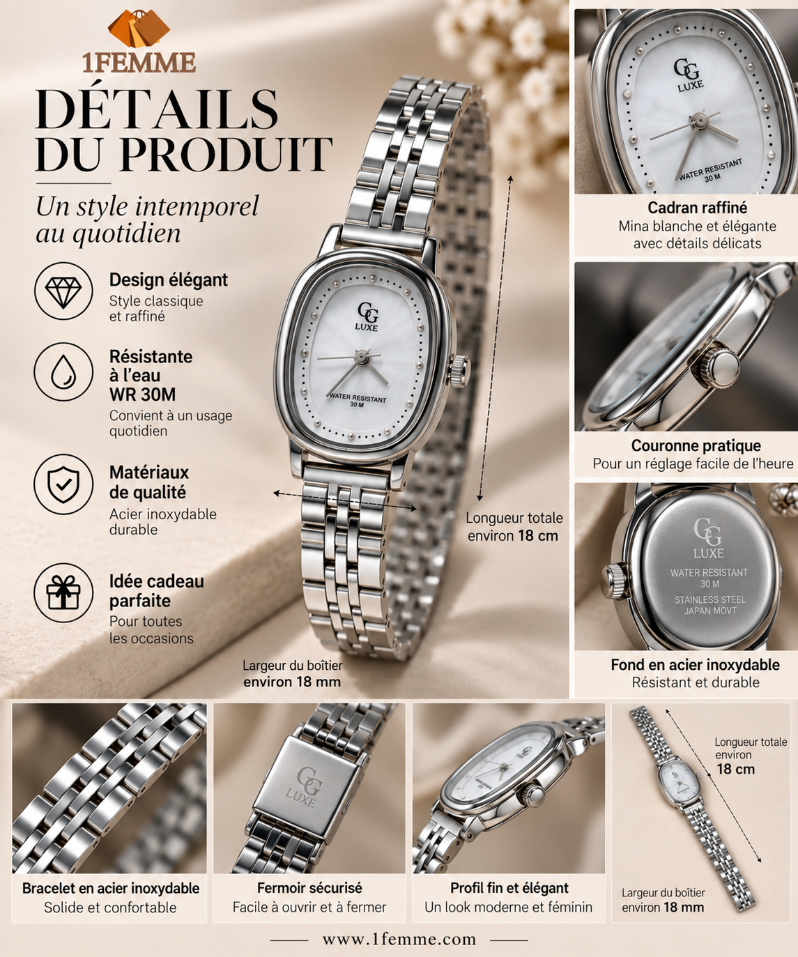 Montre Femme GG LUXE en Acier Inoxydable – Dorée ou Argentée
