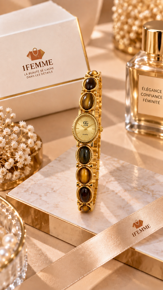 Montre Femme GG LUXE Dorée avec Pierres Vertes et Brunes – Acier Inoxydable