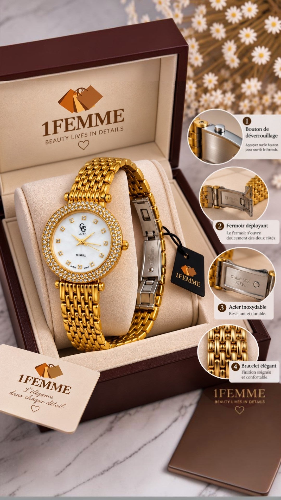 Montre Femme GG LUXE Dorée avec Strass en Acier Inoxydable